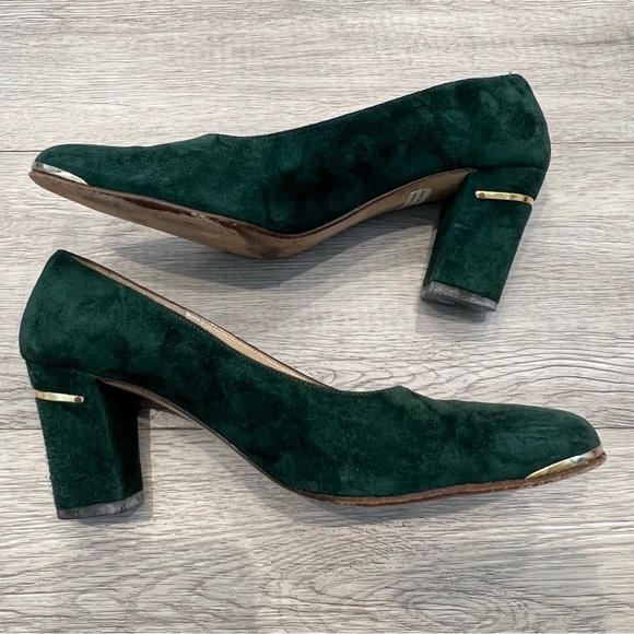 SAKS 5TH AVENUE Pump Fat Heel Suede Brass Square-Toe Forest Green 6AA Vintage​ - Picture 2 of 12